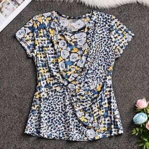 DKNY Women's Ruched Side-Twist Jersey Knit Tunic Top XXL Floral Navy Yellow